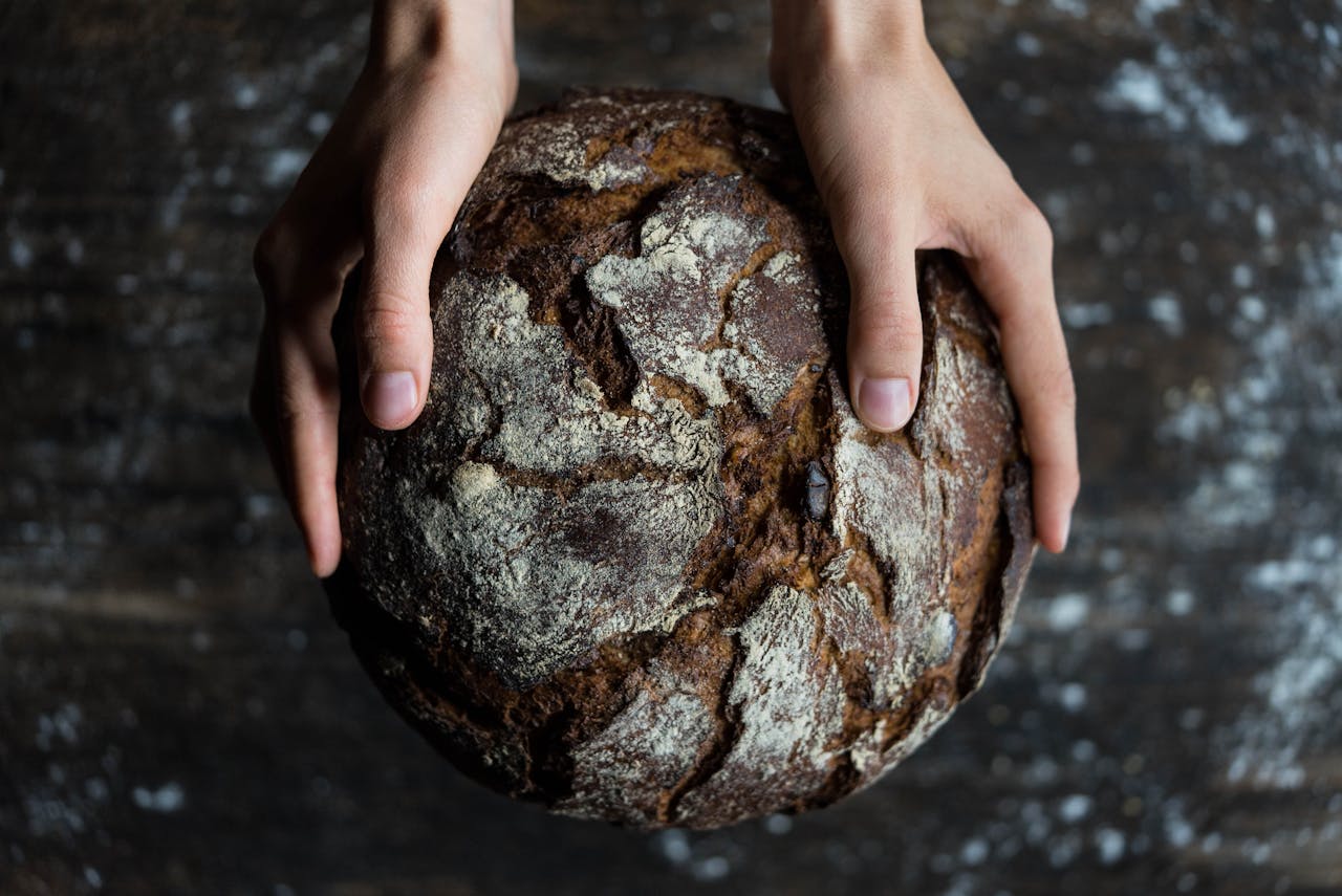 services-01 Close-up of hands holding a rustic loaf of whole wheat bread with a dark, textured crust.